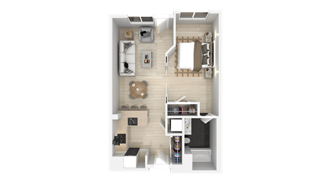 A top-down view of a small apartment with a kitchen, living room, and bedroom.